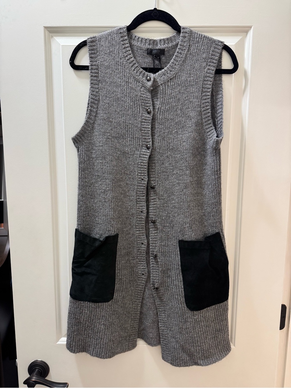 J. Crew Gray Sleeveless Knit Button-Front Vest with Black Suede Pockets
